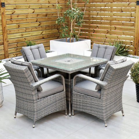 Aruba 90cm Square Table with Ice Bucket & 4 Reclining Chairs Outdoor Set – Grey Black with Grey Cushions