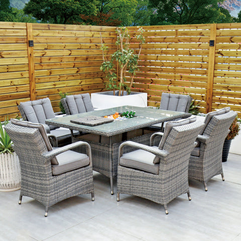 Aruba 150x100 Table with Ice Bucket & 6 Bridge Arm Chairs Outdoor Set – Grey Black with Grey Cushions