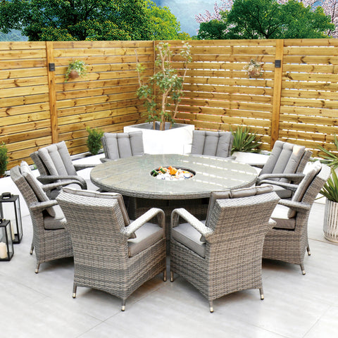 Aruba 155cm Round Table with Ice Bucket & 6 Bridge Arm Chairs Outdoor Set – Grey Black with Grey Cushions