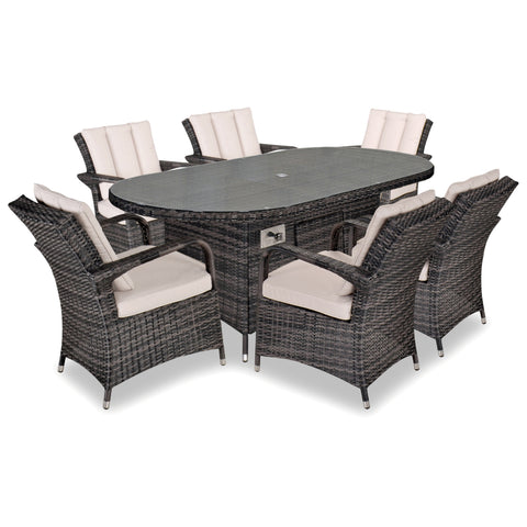 Grenada 180x100 Oval Table & 6 Dining Chairs Outdoor Set – Brown Black with Beige Cushions