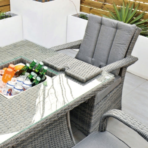Aruba 90cm Square Table with Ice Bucket & 4 Reclining Chairs Outdoor Set – Grey Black with Grey Cushions