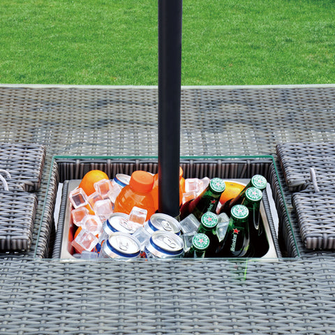 Aruba 90cm Square Table with Ice Bucket & 4 Reclining Chairs Outdoor Set – Grey Black with Grey Cushions