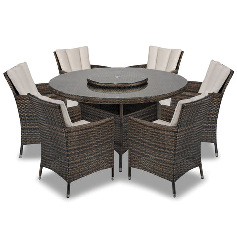 Antigua 135cm Round Table with Lazy Susan & 6 Dining Chairs Outdoor Set – Bronze Brown with Ivory Cushions