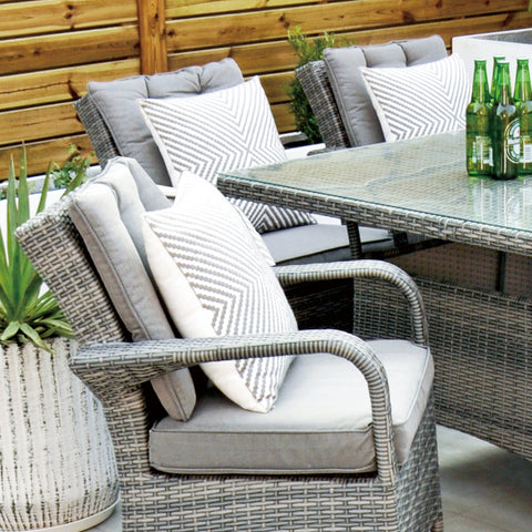 Aruba 150x100 Firepit Table & 6 Bridge Arm Chairs Outdoor Set – Grey Black with Grey Cushions