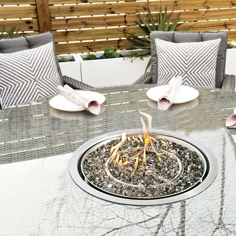 Aruba 120cm Round Firepit Table & 4 Bridge Arm Chairs Outdoor Set – Grey Black with Grey Cushions