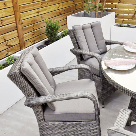 Aruba 155cm Round Table with Ice Bucket & 6 Bridge Arm Chairs Outdoor Set – Grey Black with Grey Cushions
