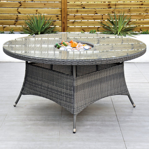 Aruba 155cm Round Table with Ice Bucket & 6 Bridge Arm Chairs Outdoor Set – Grey Black with Grey Cushions