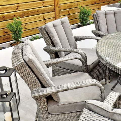 Aruba 155cm Round Table with Ice Bucket & 6 Bridge Arm Chairs Outdoor Set – Grey Black with Grey Cushions