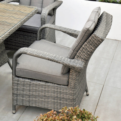 Aruba 110cm Square Firepit Table & 4 Bridge Arm Chairs Outdoor Set – Grey Black with Grey Cushions
