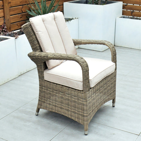 Cancun 135cm Round Table with Lazy Susan & 6 Bridge Arm Chairs Outdoor Set – Natural with Beige Cushions