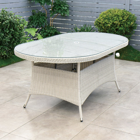 Cuba 180x100 Oval Table & 6 Bridge Arm Chairs Outdoor Set – White Washed with Grey Cushions