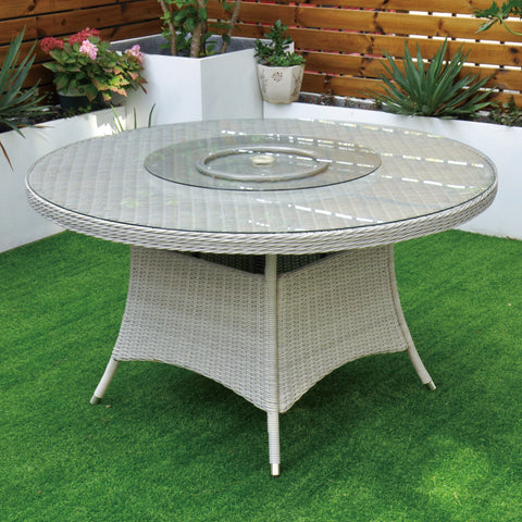 Cuba 135cm Round Table with Lazy Susan & 6 Bridge Arm Chairs Outdoor Set – White Washed with Grey Cushions