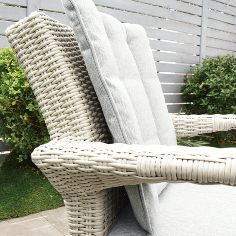 Cuba 170cm Round Table with Lazy Susan & 8 Bridge Arm Chairs Outdoor Set – White Washed with Grey Cushions