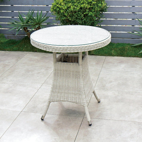 Cuba 70cm Round Table & 2 Bridge Arm Chairs Outdoor Set – White Washed with Grey Cushions