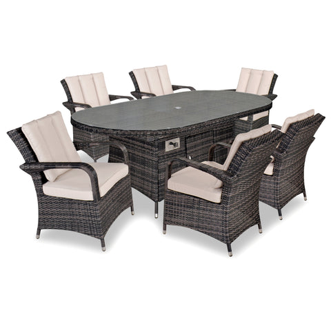 Grenada 180x100 Oval Table & 6 Dining Chairs Outdoor Set – Brown Black with Beige Cushions